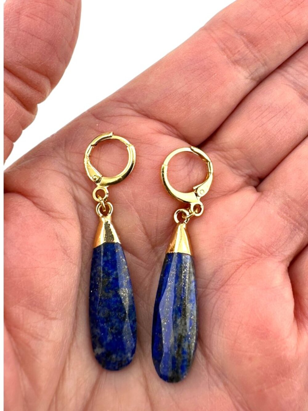 Lapis Lazuli Earrings 18K Gold Filled Hoops Faceted Blue Gemstone Drops - Picture 4 of 10